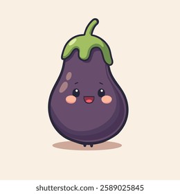 This playful illustration features a cartoon-style eggplant with a delightful, cheerful expression. The eggplant is purple with a green stem and has large, expressive eyes, a wide smile.