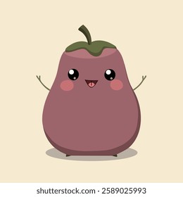 This playful illustration features a cartoon-style purple fruit with an anthropomorphic design. The fruit has a green stem on top and large, shiny black eyes, pink cheeks.