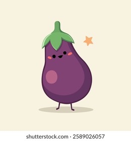 This playful illustration features a cartoon-style eggplant with a friendly, smiling face. The eggplant is purple with a green leafy top and has large, expressive eyes, a small open mouth.