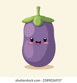 This playful illustration features a cartoon-style eggplant with a cute, smiling face. The eggplant is purple with a green leafy top and has large, expressive eyes, a wide open mouth with a red tongue