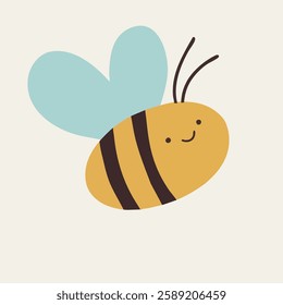 This playful illustration features a cartoon-style bee with a cute, smiling face. The bee has a yellow oval body with two black stripes, two large light blue wings, and black antennae.