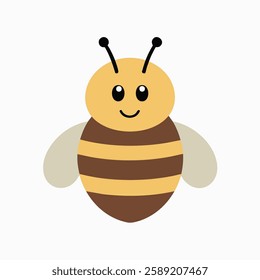 This playful illustration features a cartoon-style bee with a minimalistic design. The bee has a yellow head with two black antennae, large black eyes with white highlights, and a small smile.