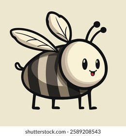 This playful illustration features a cartoon-style bee with a round body, black and yellow stripes, and a smiling face. The bee has two antennae with round tips and four small legs.