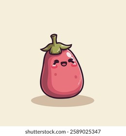 This playful illustration features a cute, cartoon-style pink eggplant with a cheerful, smiling face. The eggplant has closed eyes, blushing cheeks, a small open mouth, and a green stem.