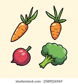 This playful illustration features four different cartoon-style vegetables on a light beige background. The vegetables included are two carrots with green tops, a red radish with a small green stem.