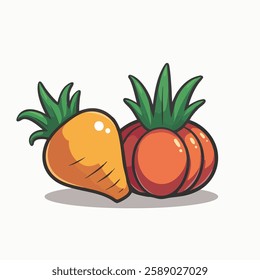 This playful illustration features two cartoon-style vegetables with a shiny, glossy appearance. On the left, there is an orange carrot with green leaves on top, and on the right.