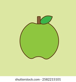 This playful illustration features a vibrant, cute green apple. The apple’s bright, crisp color is complemented by a simple green leaf at the top, adding a fresh, natural touch