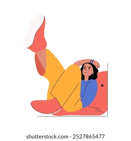 This playful illustration portrays a young woman relaxing on a beanbag chair, emphasizing comfort, leisure, and a carefree attitude.