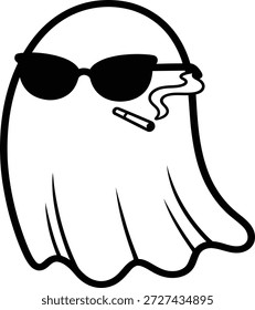 This playful illustration showcases a ghost with a quirky personality, sporting stylish sunglasses and a cigarette. The cute, draped figure adds a humorous twist to traditional ghost imagery, making it perfect for light-hearted Halloween themes or fun cartoon merchandise. The black and white design enhances the character's charm, making it an eye-catching piece that combines humor and spookiness in a unique way. Ideal for t-shirts, stickers, or casual decorations.