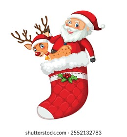 This playful image features Santa Claus and a reindeer tucked inside a large Christmas stocking. Santa is smiling and waving from the top of the stocking, while the reindeer peeks out from behind him