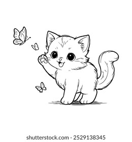 This playful kitten is joyfully interacting with a butterfly, capturing a moment of curiosity and fun. With thick, bold outlines and simple design, this cute coloring page