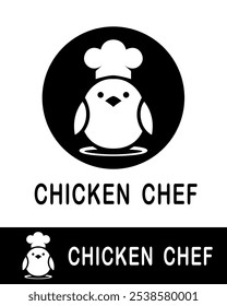 This playful logo features a chicken wearing a chef hat inside a circular black background, ideal for restaurants, food branding, or culinary-related businesses with a fun and creative identity
