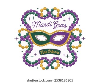 Este logotipo brincalhão do Mardi Gras apresenta um design vetorial vibrante que exibe contas entrelaçadas em roxo, verde e ouro, formando uma moldura decorativa em torno de uma máscara tradicional do Mardi Gras. A animada c