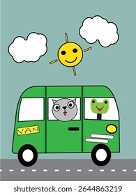 This playful children’s painting, titled "Van Trip," shows a happy van filled with smiling animals on a fun road adventure. Bright colors and cheerful scenes make it perfect for little explorers!