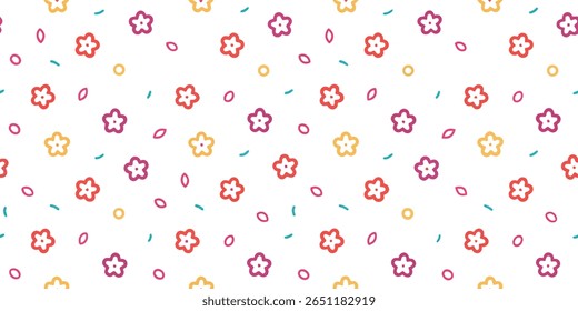 Este padrão brincalhão mostra um arranjo repetitivo de flores simples, contornadas em vermelho brilhante, roxo e amarelo. Acompanhando estes são pequenas formas ovais rosa e traços de azul-petróleo fino.