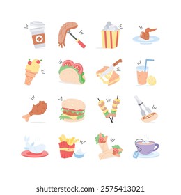 This playful set of flat design icons features a variety of tasty treats, perfect for food blogs