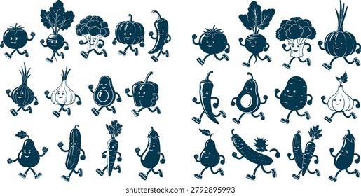 This playful set showcases a variety of happy vegetable characters running, perfect for health-related content, children's books, or grocery promotions.