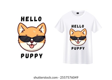 This playful t-shirt design features an adorable orange puppy wearing sleek sunglasses, accompanied by the text "Hello Puppy." Perfect for dog lovers and fashion enthusiasts, this graphic combines cha