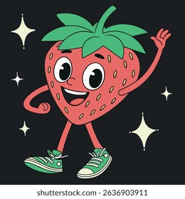 This playful t-shirt features a cheerful cartoon strawberry with cute sneakers, dancing joyfully against a dark background. Perfect for fruit lovers, kids, and anyone who enjoys fun, vibrant designs!