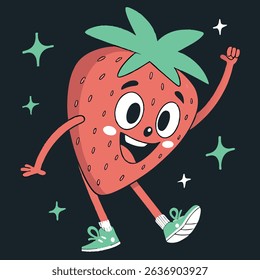 This playful t-shirt features a cheerful cartoon strawberry with cute sneakers, dancing joyfully against a dark background. Perfect for fruit lovers, kids, and anyone who enjoys fun, vibrant designs!