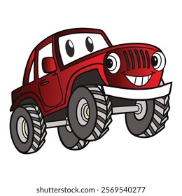 This playful vector design features a cartoon-style red off-road vehicle with large tires, expressive eyes, and a smiling mouth, perfect for children's illustrations, automotive graphics, or off-road 