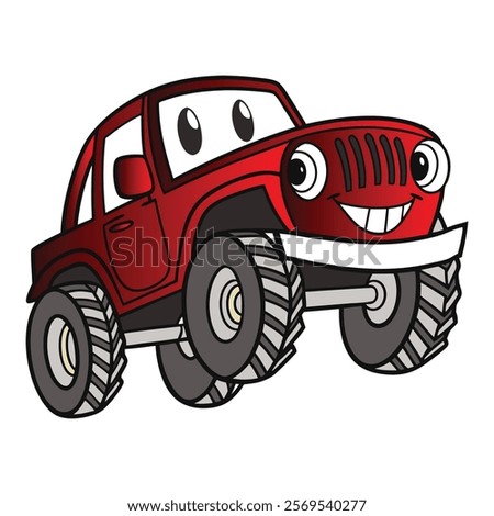 This playful vector design features a cartoon-style red off-road vehicle with large tires, expressive eyes, and a smiling mouth, perfect for children's illustrations, automotive graphics, or off-road 