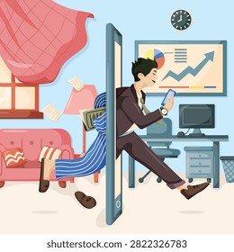 This playful vector illustration depicts the transition of modern remote work through a giant digital tablet screen. The graphic presents a split scene where a smiling businessman stepping out of his cozy bedroom wearing striped pajamas suddenly transforms into a fully suited professional as he enters his smart home office environment. Complete with office charts, a computer desk, and a smartphone in his hand, this vibrant concept vector perfectly represents work-life balance, telecommuting software benefits, flexible employment lifestyles, and digital workplace freedom.#RemoteWork #HomeOffice #WorkLifeBalance #Telecommuting #BusinessCartoon #VectorIllustration #DigitalTransition #FlexibleSchedule #WorkingFromHome #CareerFreedom