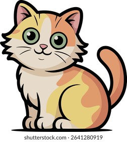This playful vector illustration features a charming cartoon cat with vibrant orange and white fur interspersed with soft yellow patches. The cat’s big green eyes and pink nose.