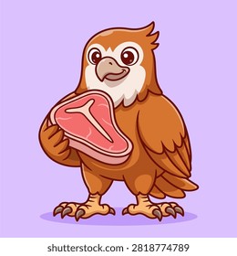 This playful vector illustration features a cute cartoon eagle smiling while holding a raw T-bone steak. The character is designed with bold lines and expressive eyes, making it an ideal mascot for meat shops, grills, or fun animal graphics.