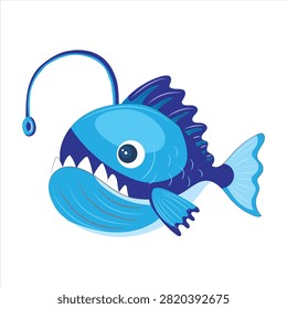 This playful vector illustration features a cartoon-style deep-sea anglerfish rendered in vibrant shades of blue and purple. The character is designed with a friendly yet monster-like appearance, showcasing its iconic glowing bioluminescent lure, sharp white teeth, and detailed fins. This isolated design element is perfect for children's educational materials, marine life illustrations, book layouts, and ocean-themed graphic projects.#Anglerfish #CartoonFish #DeepSeaCreature #OceanLife #VectorIllustration #CharacterDesign #MarineAnimals #KidFriendlyDesign