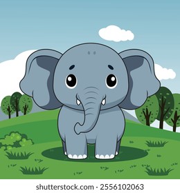 This playful and vibrant cartoon-style vector illustration features a small, cheerful elephant standing in a vast grassland. The full-color, flat design captures the joyful mood of the scene