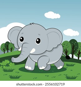 This playful and vibrant cartoon-style vector illustration features a small, cheerful elephant standing in a vast grassland. The full-color, flat design captures the joyful mood of the scene