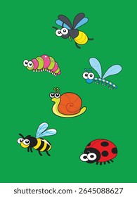Diese verspielte Kinderwand-Illustration zeigt vier freundliche Wanzen, die in einem bunten Garten lächeln. Es ist perfekt, um jeden Raum zu erhellen  