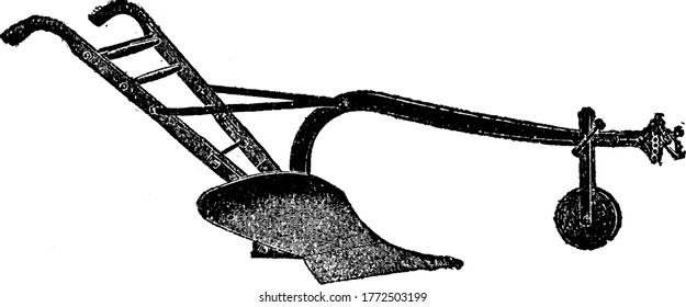 This plow is made up of steel material having two small wheels in front for moving and a steel blade in the bottom, vintage line drawing or engraving illustration.