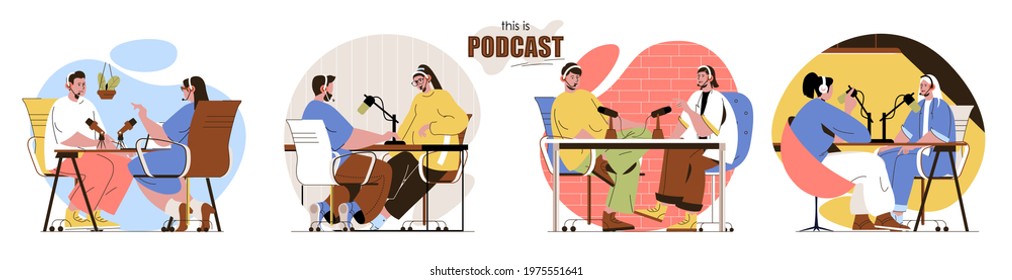 This is Podcast concept scenes set. People in headsets talking in studio, broadcasting live or recording conversation. Collection of human activities. Vector illustration of characters in flat design
