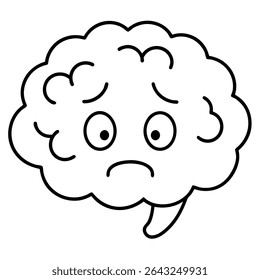 Esta pungente ilustração vetorial preto e branco retrata um cérebro triste em contorno, transmitindo preocupações e preocupações de saúde mental.