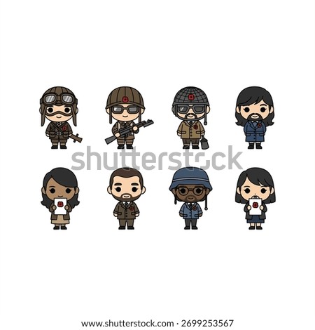 This poignant digital artwork presents a respectful tableau of six Chibi-style characters, meticulously arranged in a 2x3 grid, symbolizing Remembrance Sunday. 