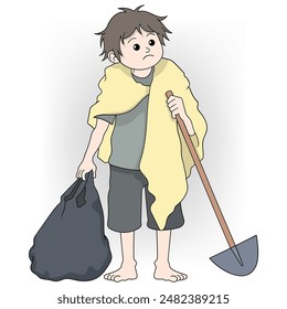 This poignant illustration depicts a young homeless boy holding a shovel and a bag, wrapped in a tattered blanket, with a determined expression on his face.