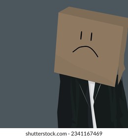 This poignant illustration portrays a young man wearing a cardboard emoticon expressing deep sadness.