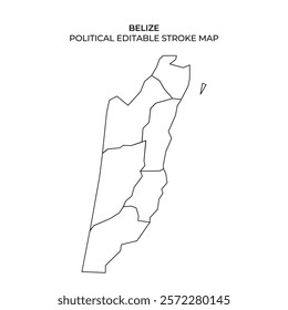 This political map displays the outline of Belize, showcasing its regions and borders. The design is editable, allowing for customization in various applications.