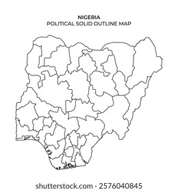 This political outline map depicts Nigerias geographical layout, including its various states and regions, without any color or detailed markings.