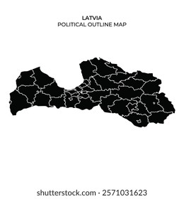 This political outline map displays the regions of Latvia, showcasing its borders and subdivisions. The clear design allows for easy identification of various territories within the country.