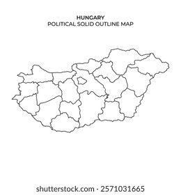 This political outline map displays Hungary, featuring distinct borders that separate various regions. The map serves as a clear representation of the countrys political divisions.