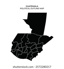 This political outline map displays the geographic boundaries of Guatemala, highlighting its regions and subdivisions. The map is designed in a minimalist style, emphasizing clarity.