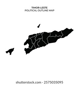 This political outline map displays the divisions of Timor Leste, emphasizing various regions and their boundaries in a clear black and white design suitable for educational purposes.