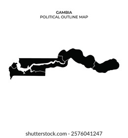 This political outline map highlights the unique shape of Gambia, located in West Africa, emphasizing its boundaries and geographic features clearly.