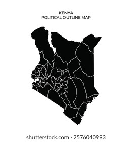 This political outline map represents Kenya, highlighting its regions and administrative boundaries in clear, bold lines. Useful for educational and informational purposes.