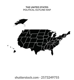 This political outline map showcases the geographical boundaries of the United States, clearly marking each state in a solid black color. Ideal for educational use or reference.