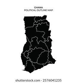 This political outline map showcases Ghanas regions with distinct borders. It emphasizes the countrys geographic layout, making it ideal for educational and reference purposes.