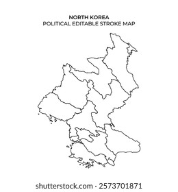 This political outline of North Korea is suitable for educational purposes. It displays the countrys divisions, facilitating geography lessons and map related activities.